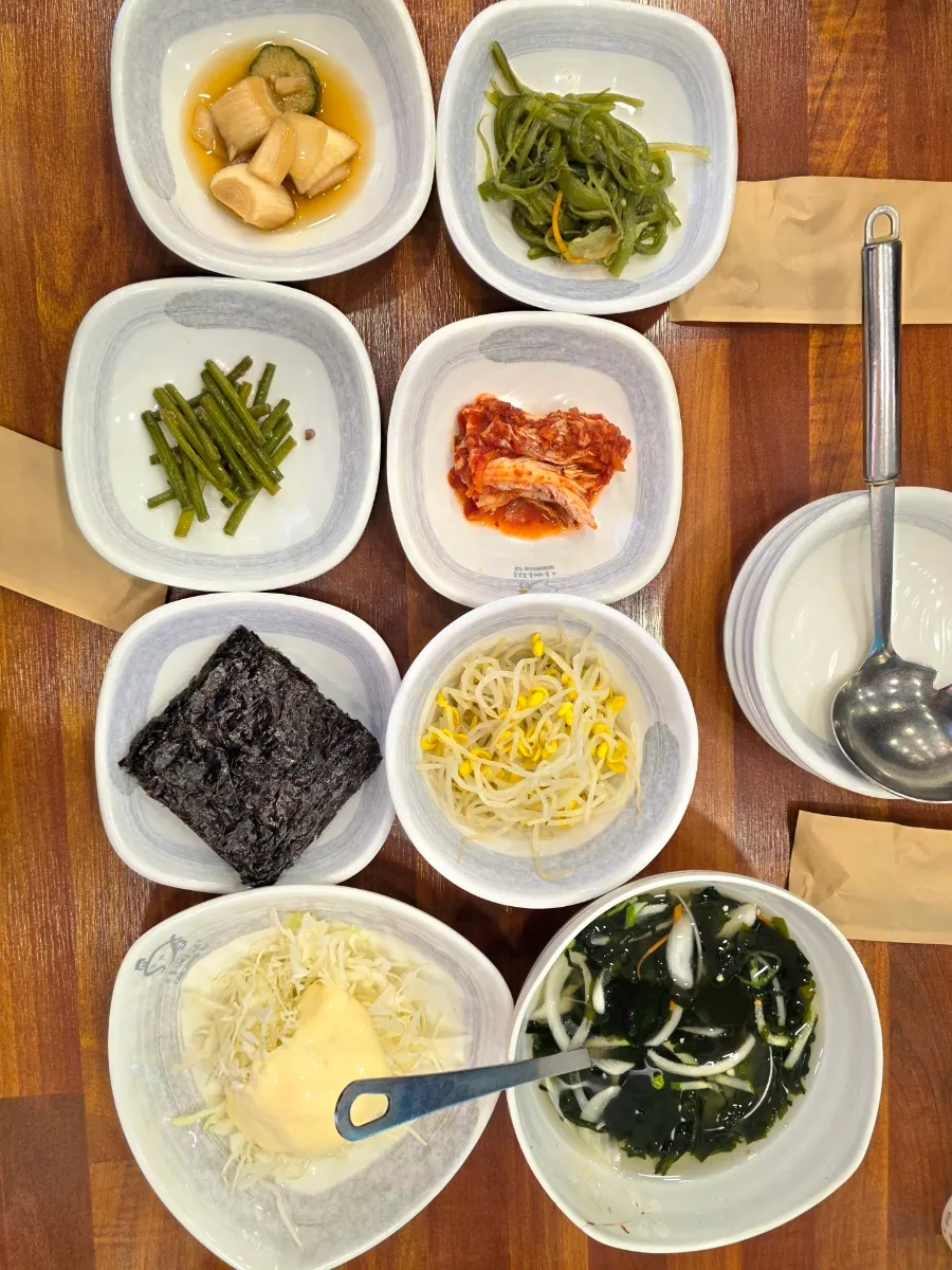 Basic side dishes including cold cucumber soup and cabbage salad