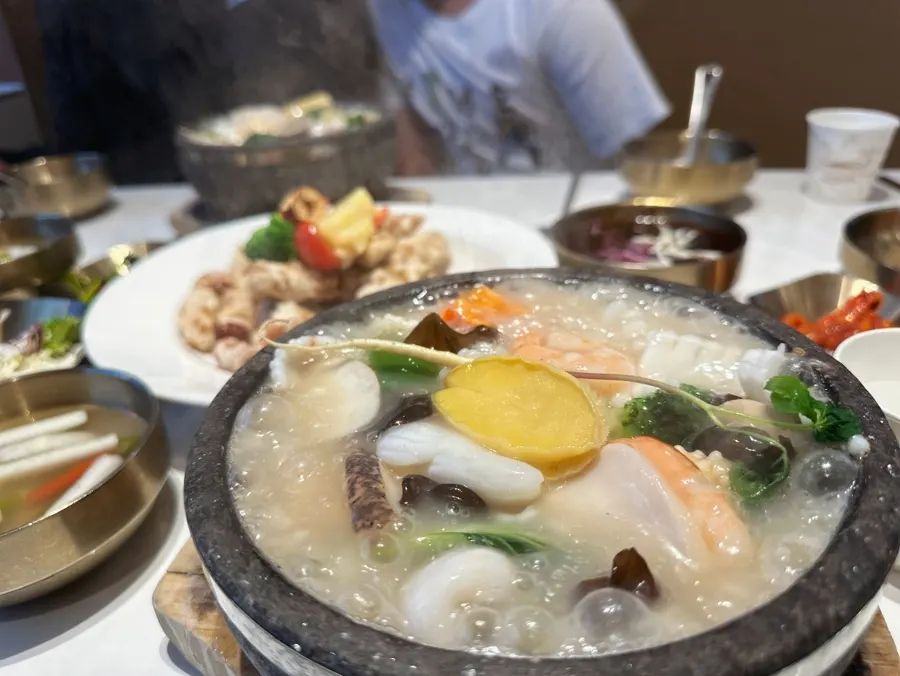 Close-up of the seafood-filled rice soup