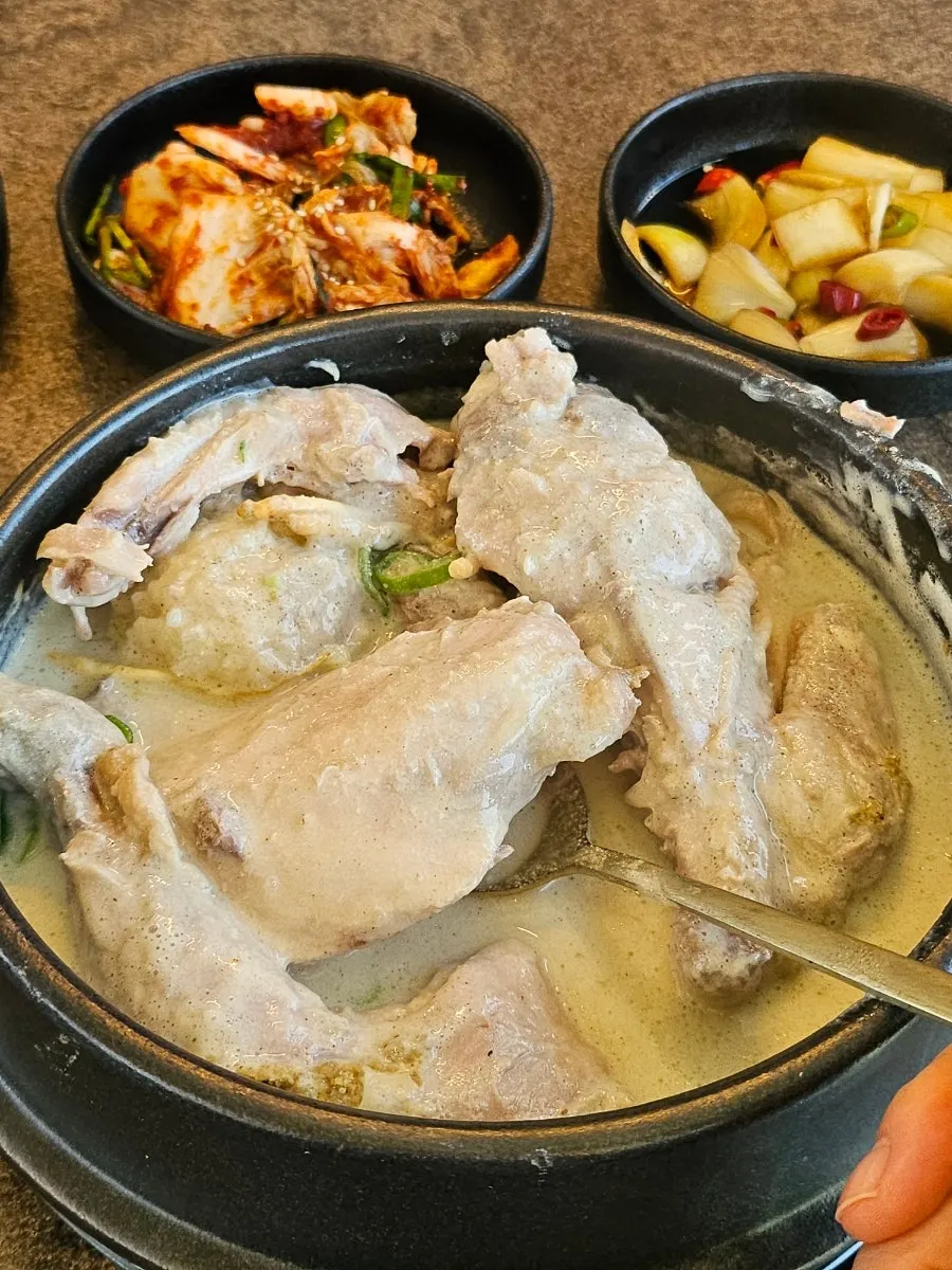 살을 발라 먹는 중인 들깨 삼계탕