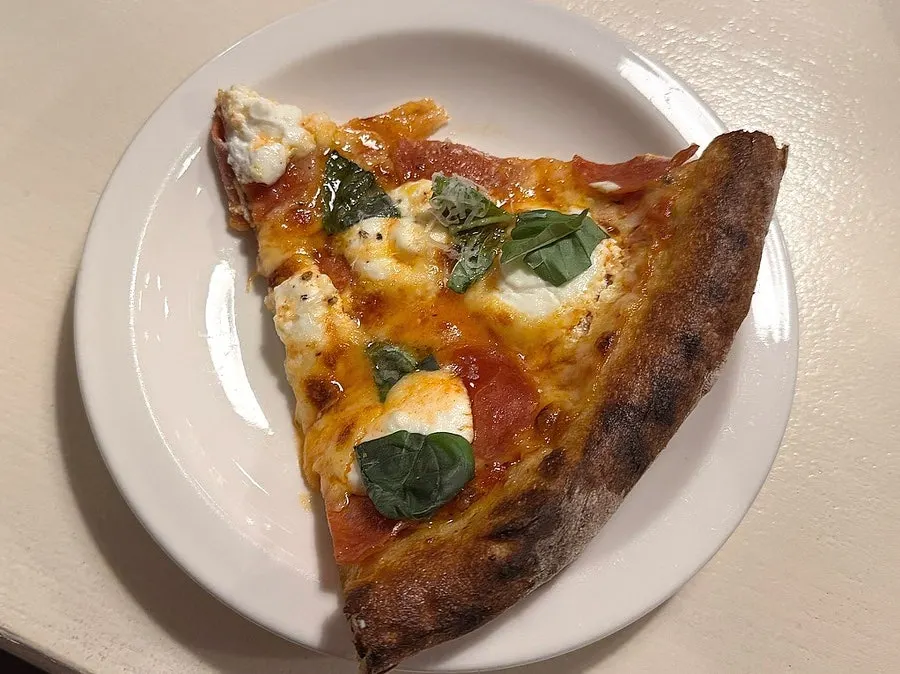 Close-up of the chewy wood-fired pizza dough
