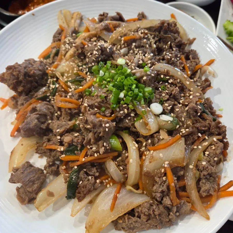 Beef bulgogi topped with sesame seeds and scallions