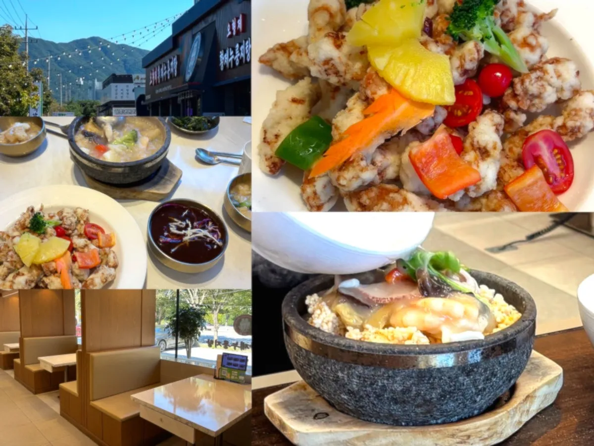 Table setting with seafood nurungjitang at O Hyeongje Hwangje Nurungjitang Hanam Misa branch