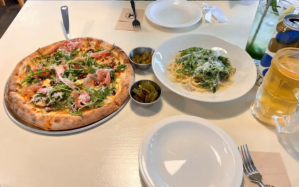 Full table shot with pizza and pasta together