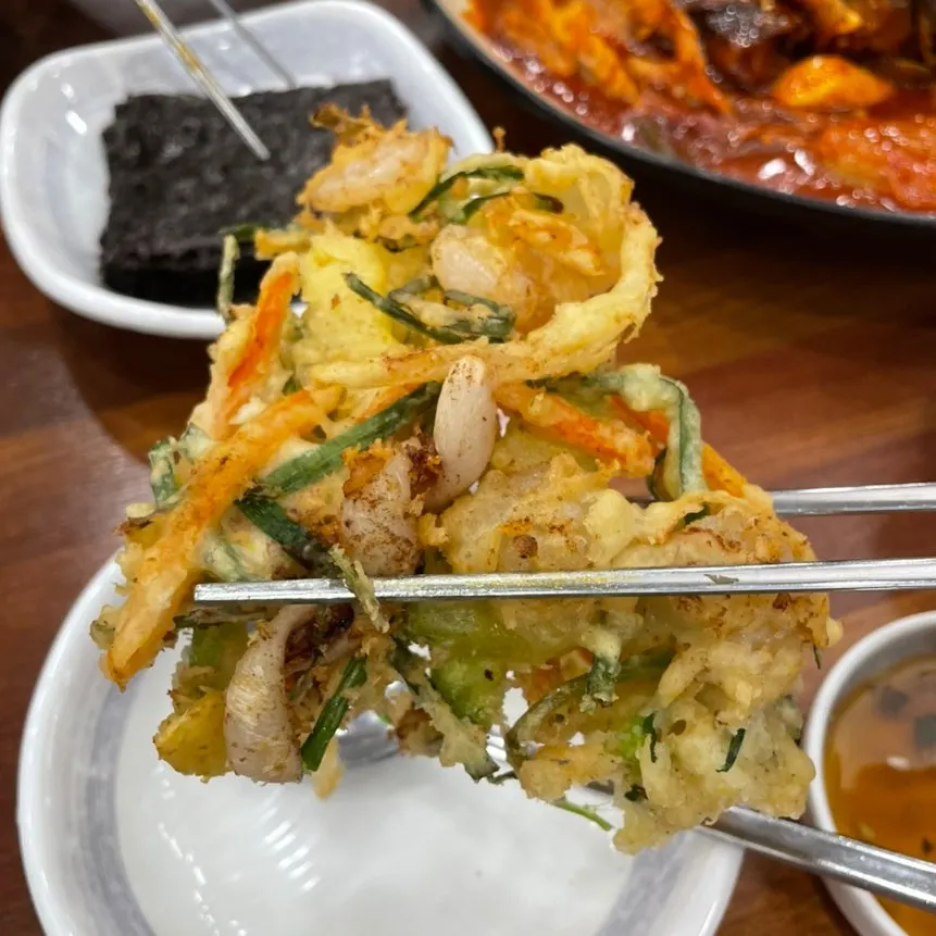 Crispy seafood pancake with squid and shrimp