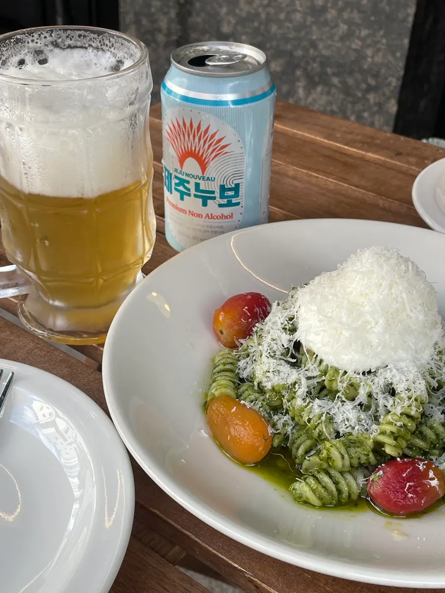 Non-alcoholic Jeju Nouveau beer with the terrace meal