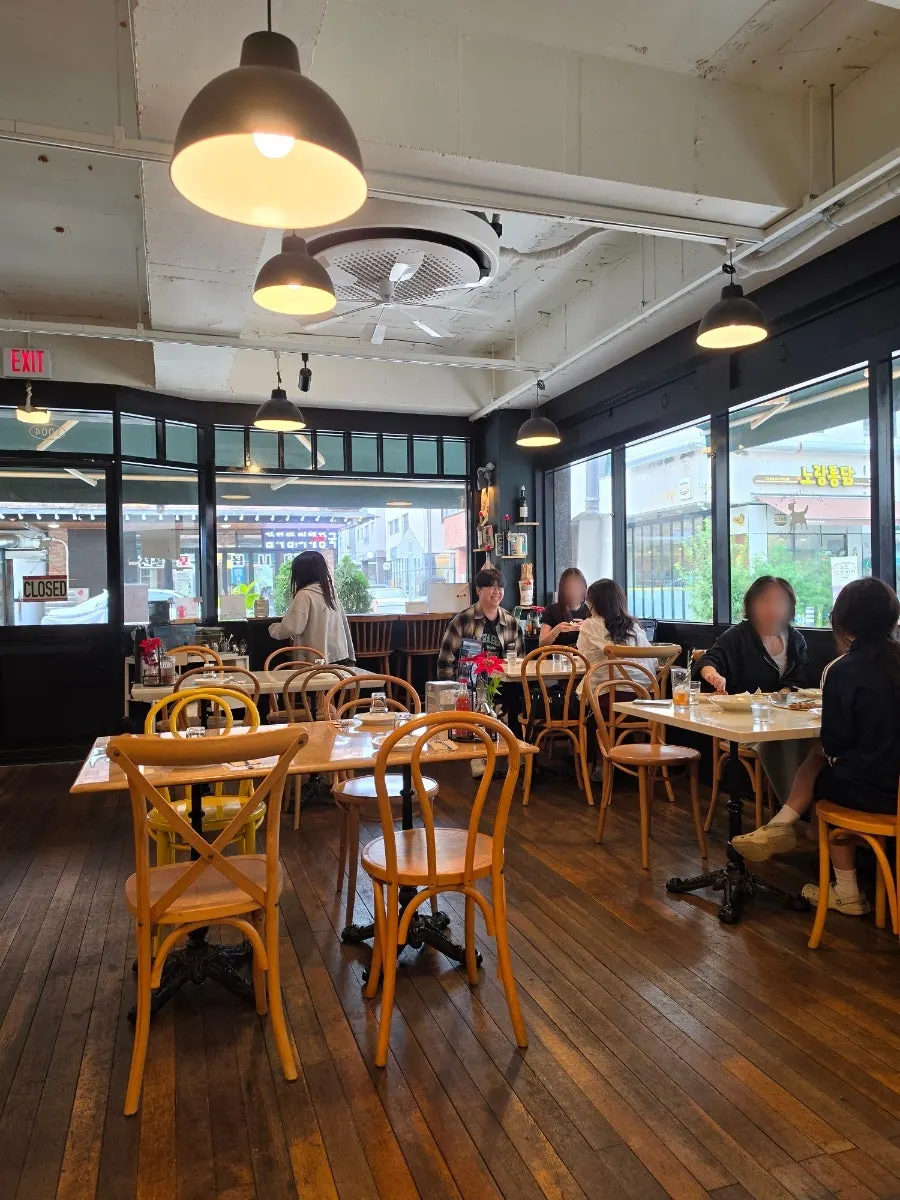 Spacious dining hall interior with many tables