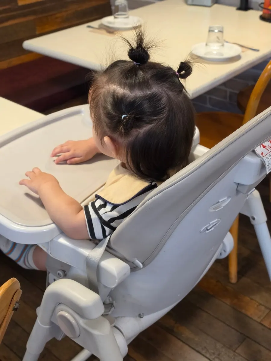 Family table set up with baby chair and kids' tableware
