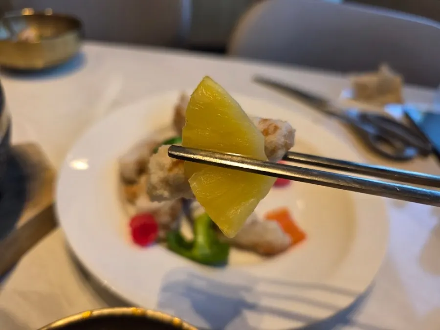 Cross-section showing the soft tenderloin inside the sweet and sour pork
