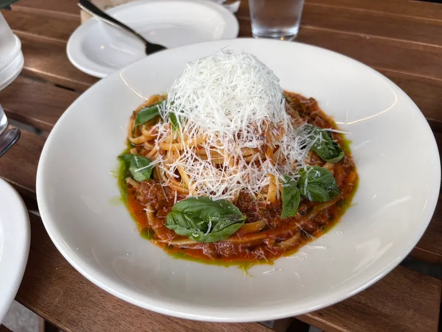 A plate of house-made ragu tomato pasta