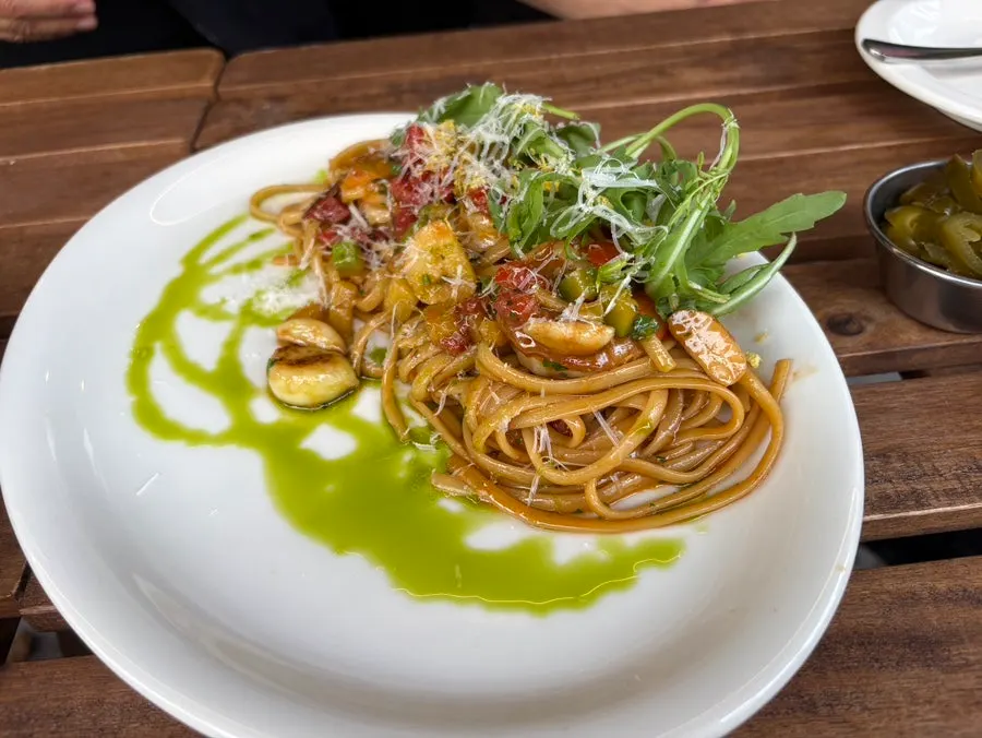 A plate of bisque shrimp pasta