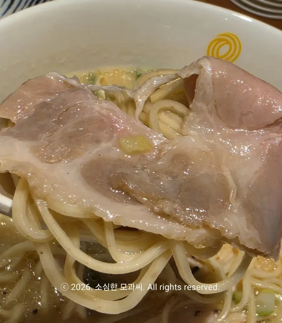 Vertical shot of tori paitan ramen broth and toppings