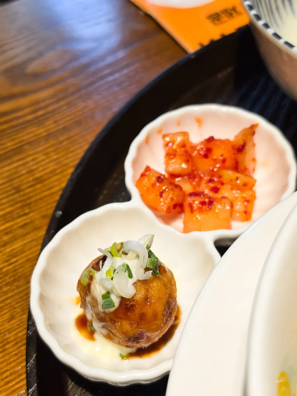 Set meal served with kkakdugi and takoyaki