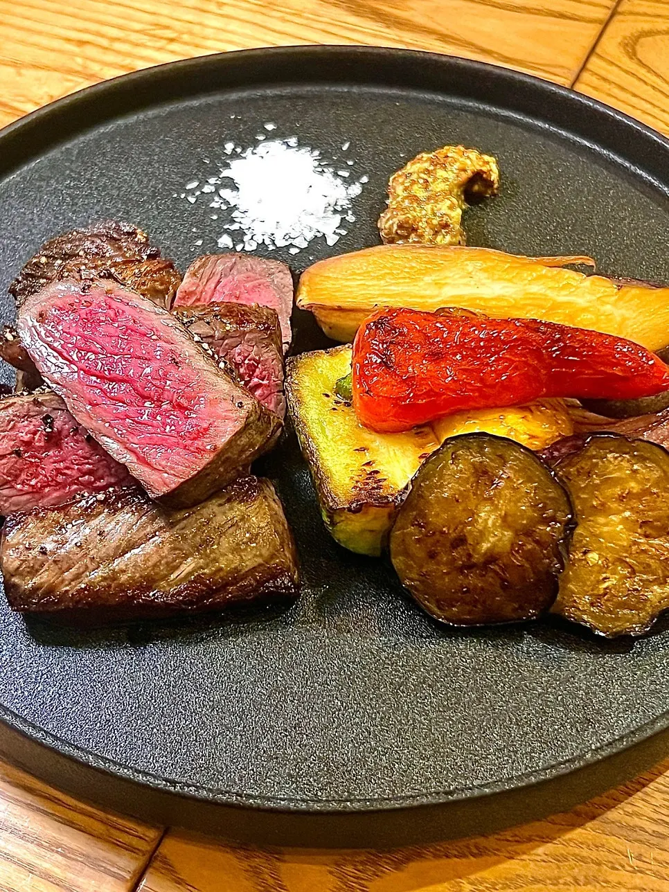 Cross-section of the medium-rare striploin steak