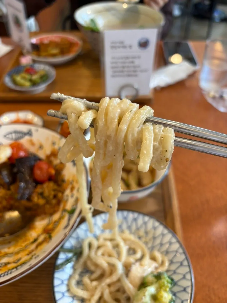 Close-up of the mentaiko pasta ordered spicy
