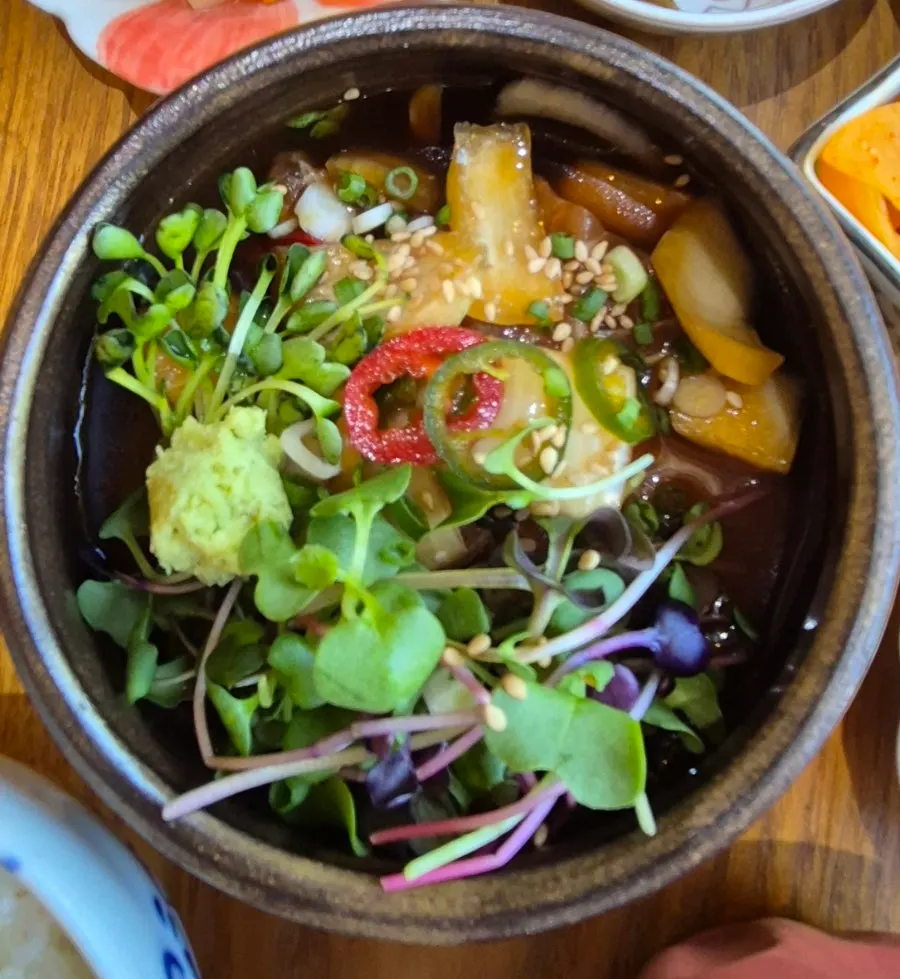 Close-up of a generous portion of yuzu salmon jang