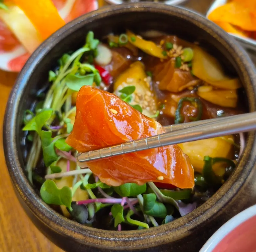 Yuzu salmon jang served over warm rice