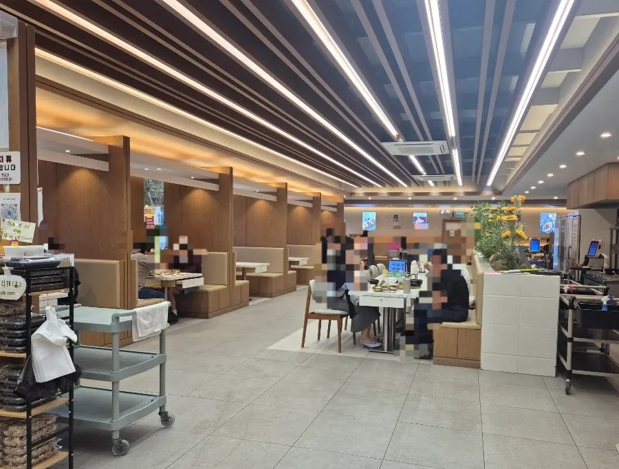 Spacious dining hall with window seats and inner seating
