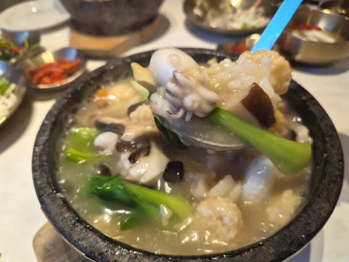 Seafood nurungjitang with squid, shrimp, and scallops