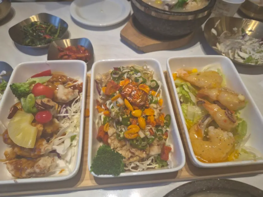 Combo platter with sweet and sour pork, yurinki, and chili shrimp