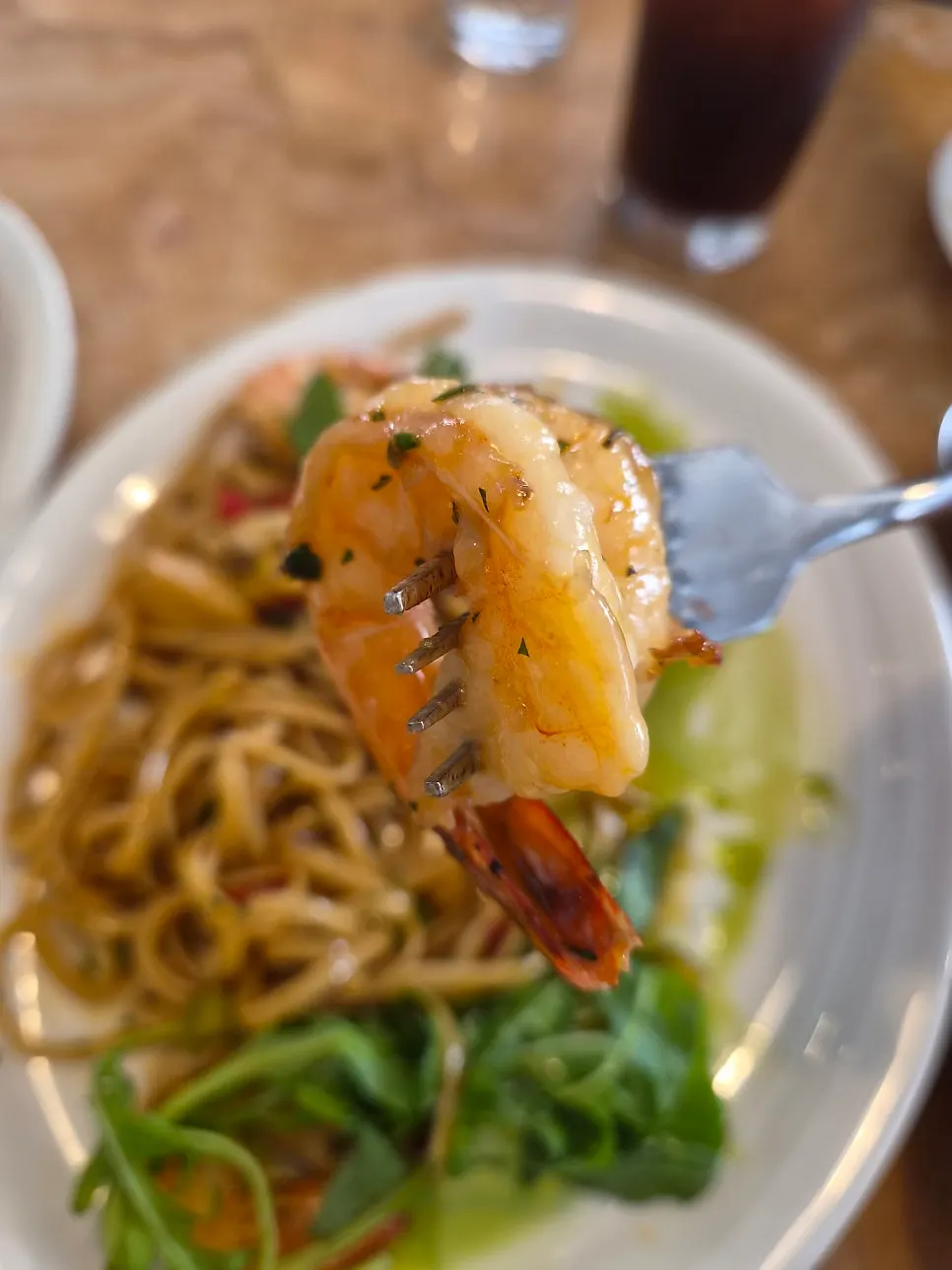 Linguine pasta with a deep shrimp flavor