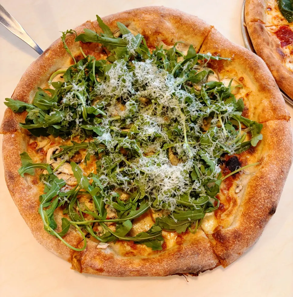 Wood-fired pizza with aged whole-wheat and organic flour dough