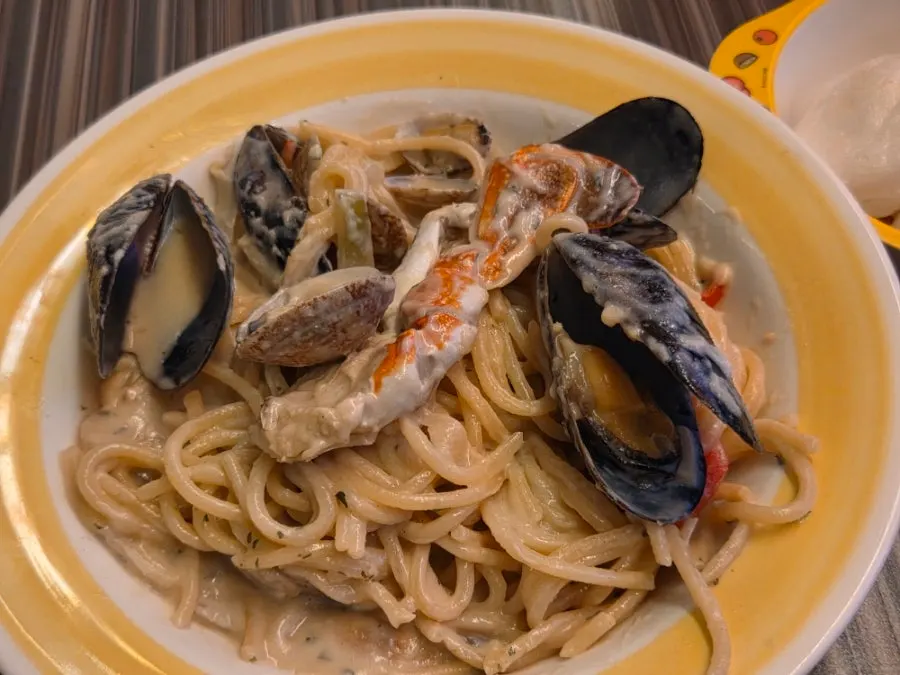 Cream pasta loaded with seafood
