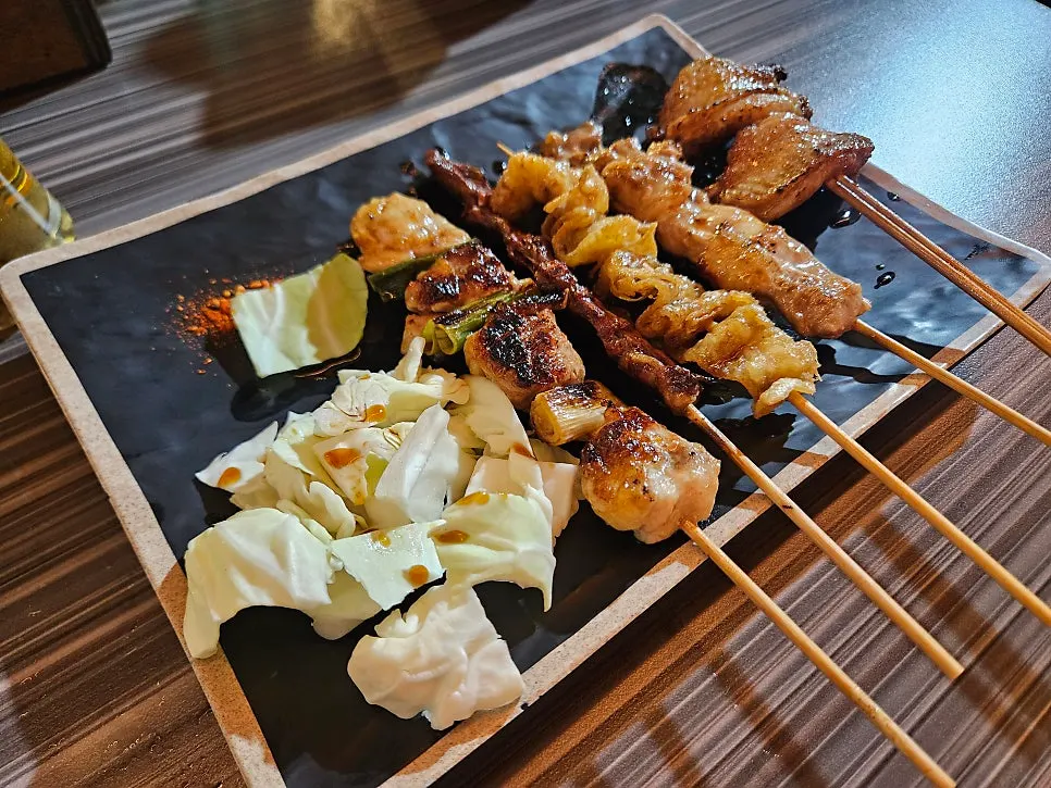 Close-up of a yakitori skewer