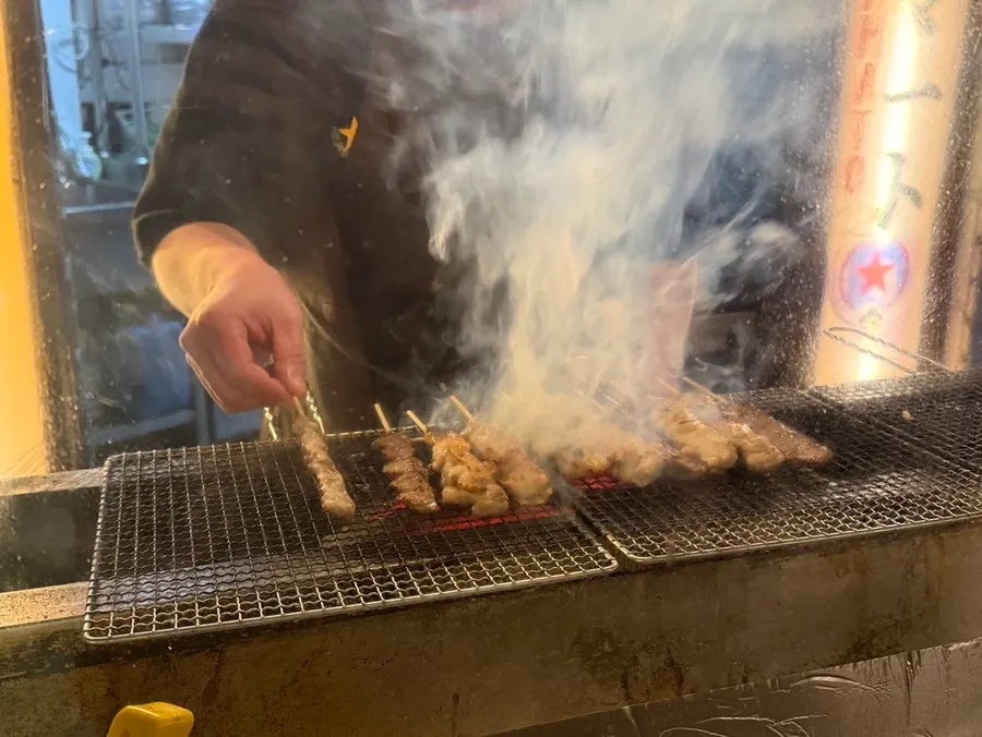 Grilling skewers over charcoal