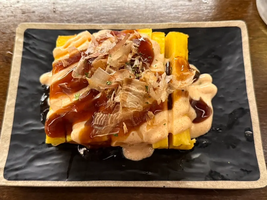 Mentaiko egg roll topped with mentaiko mayo
