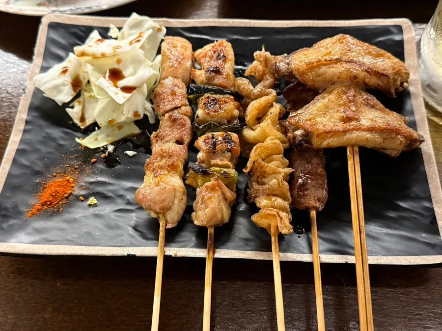A plate of 5 kinds of Hanamato yakitori skewers