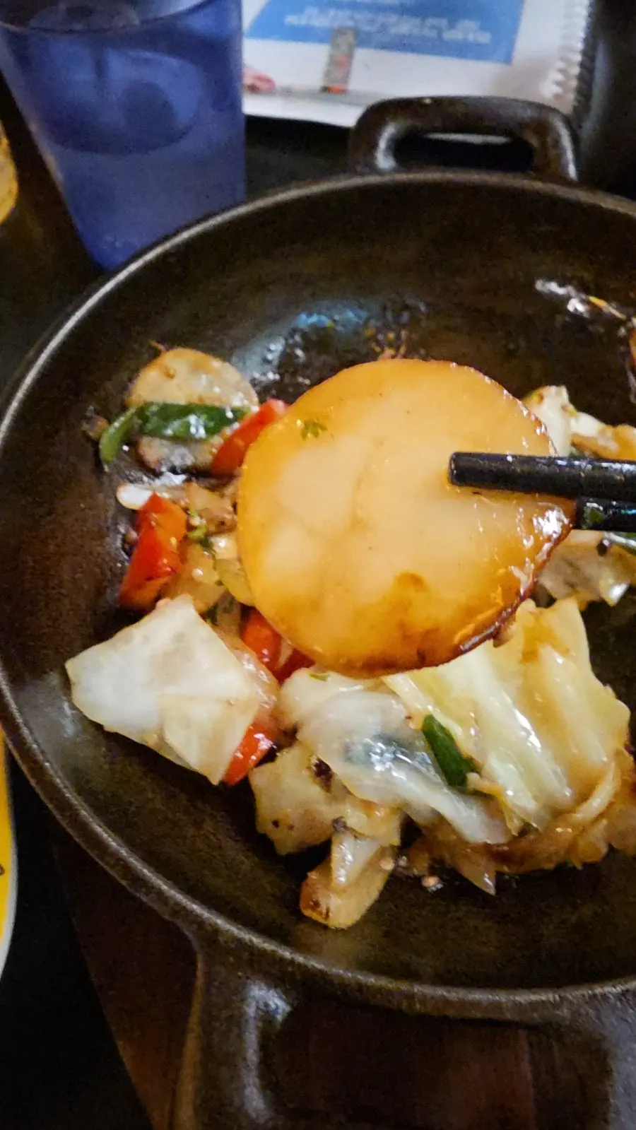 Scallop butter yaki served with a drink