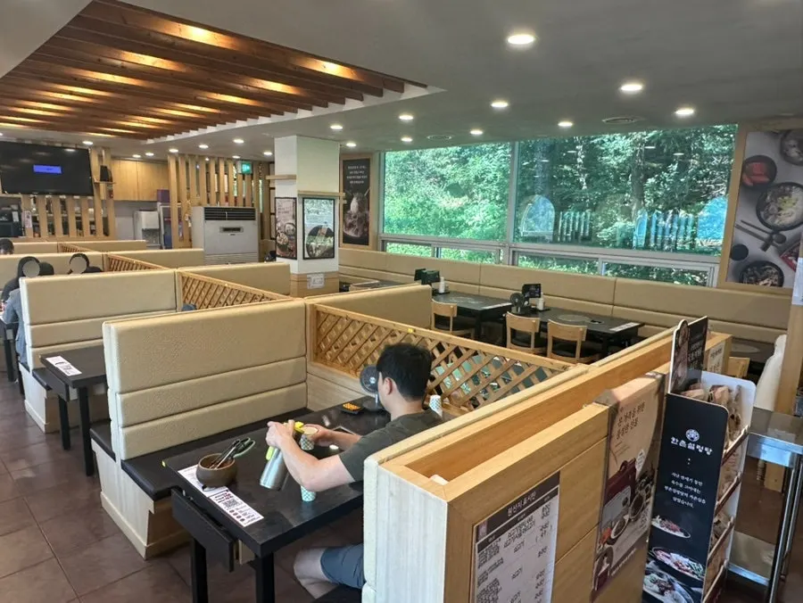 Restaurant interior with window views