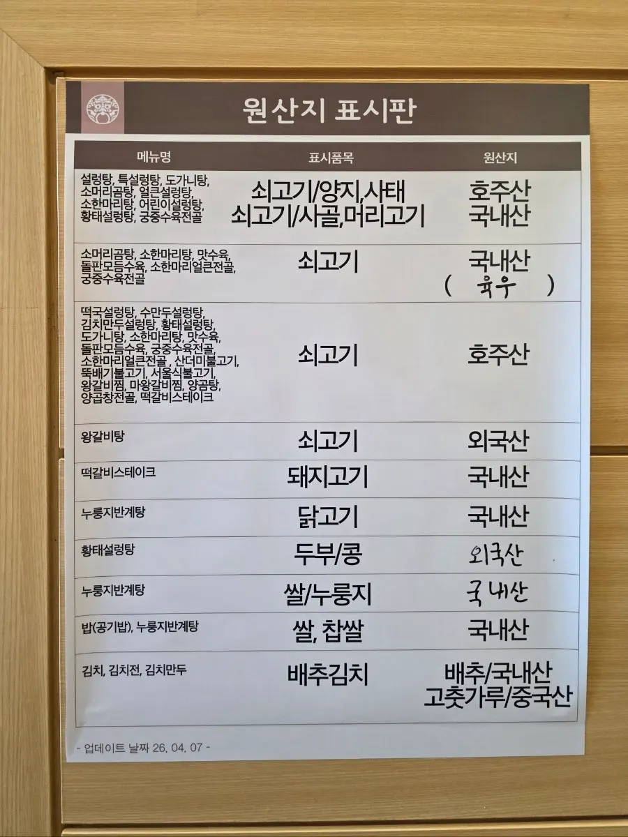 Origin-of-ingredients sign displayed in the restaurant