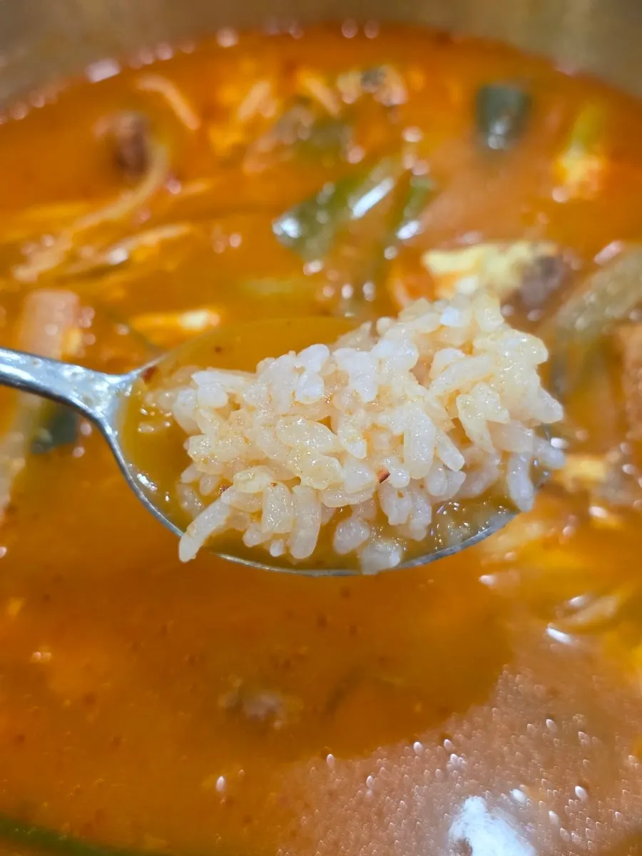 Mushrooms and glass noodles visible in the spicy seolleongtang