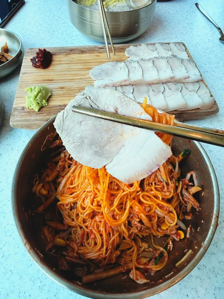 Dongchimi bibim noodles mixed with sauce