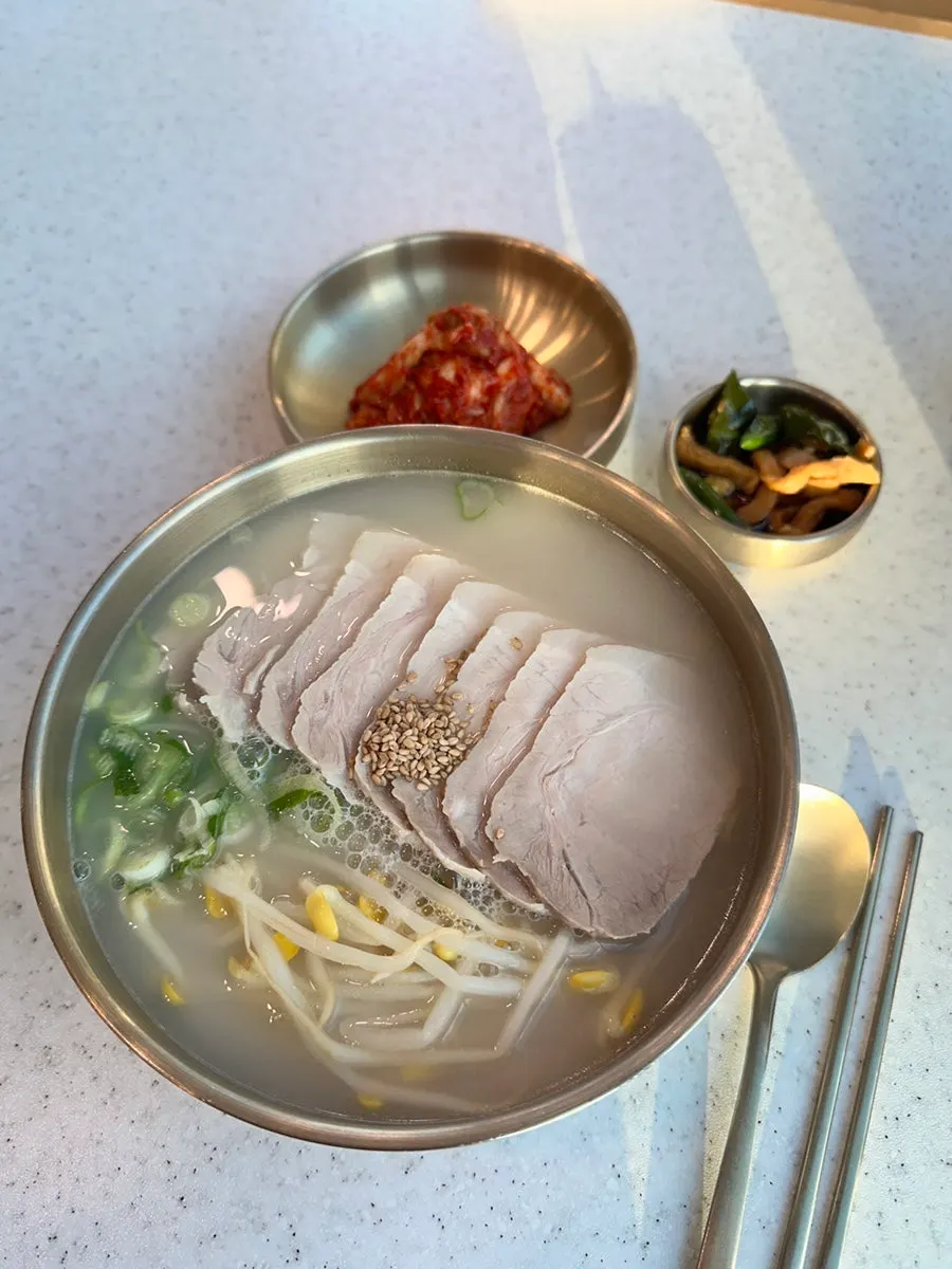 Noodle bowl photographed with the sea outside the window