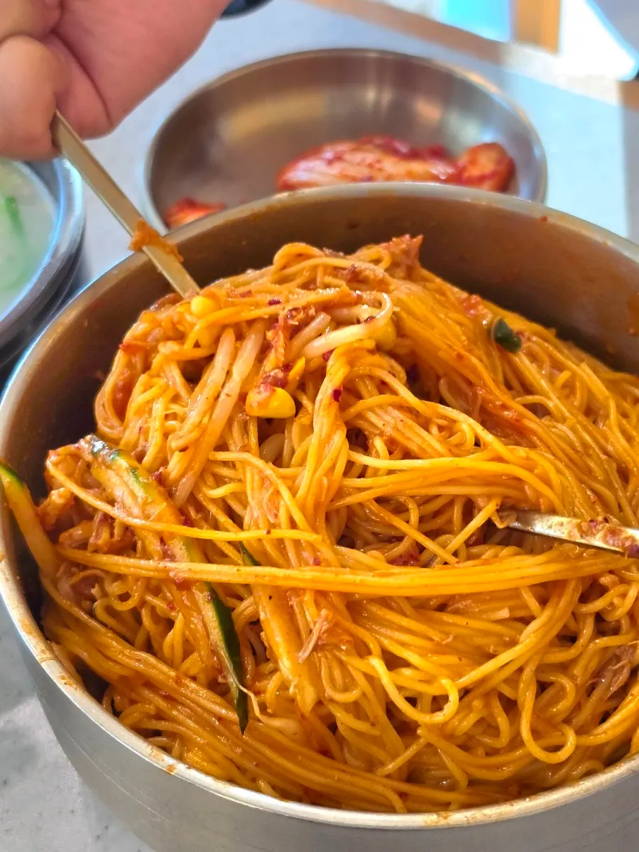 A bowl of extra-large dongchimi bibim noodles