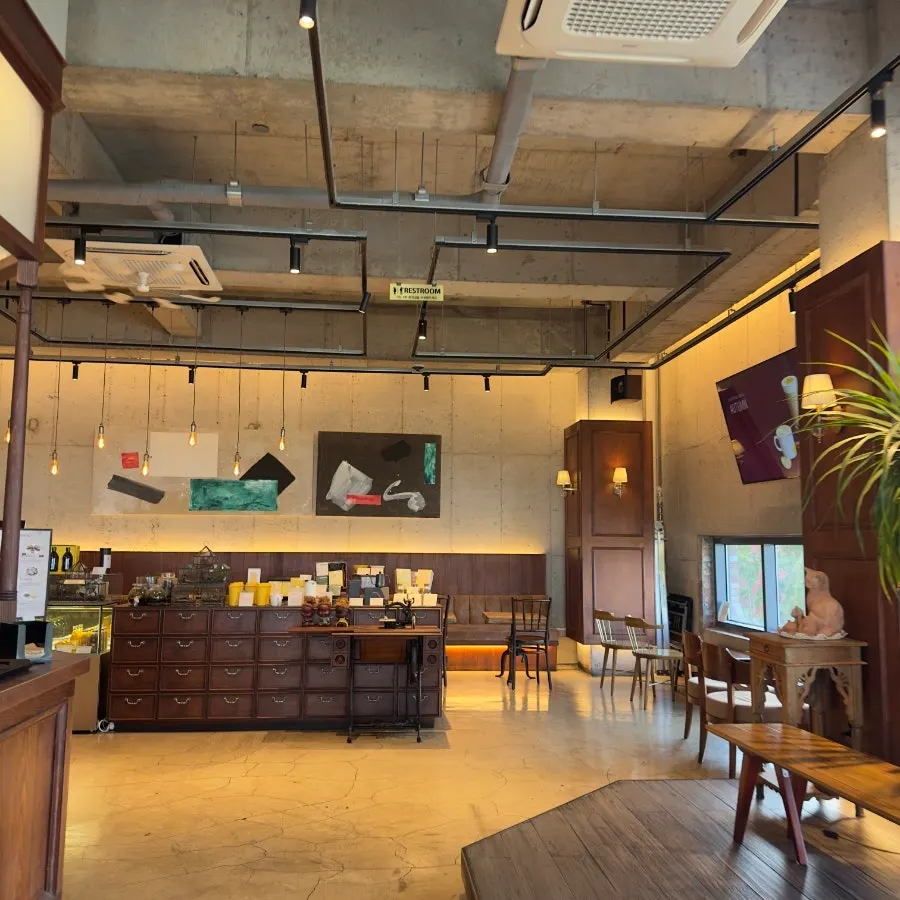Café interior seating under soft lighting