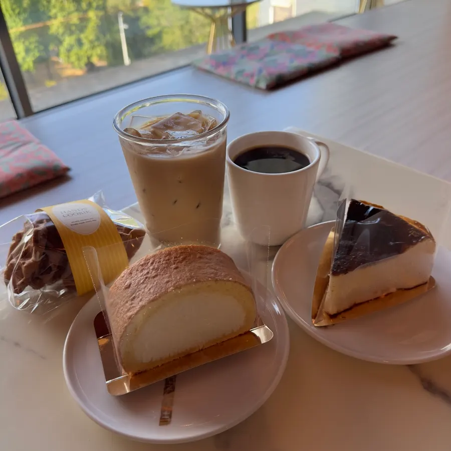 Coffee and dessert set laid out on the table