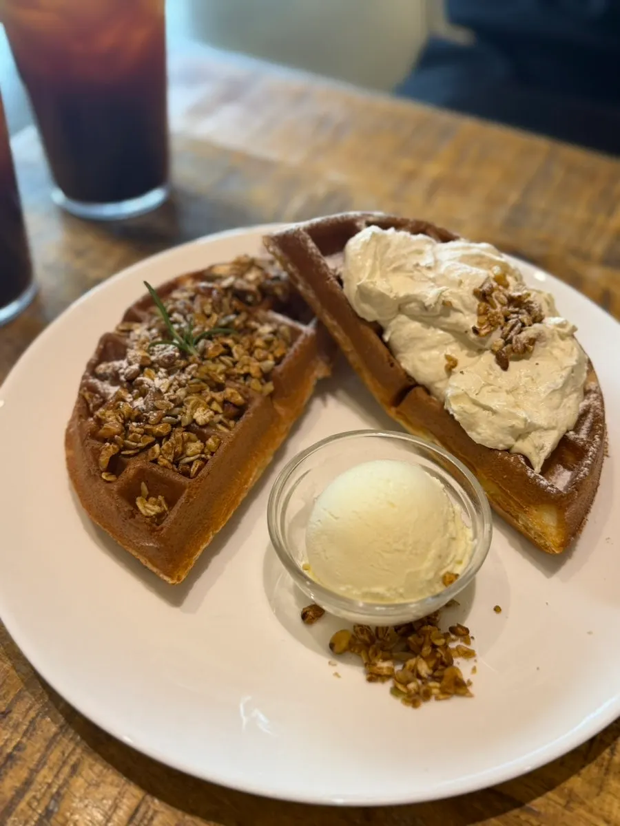 Granola peanut cream waffle and iced Americano