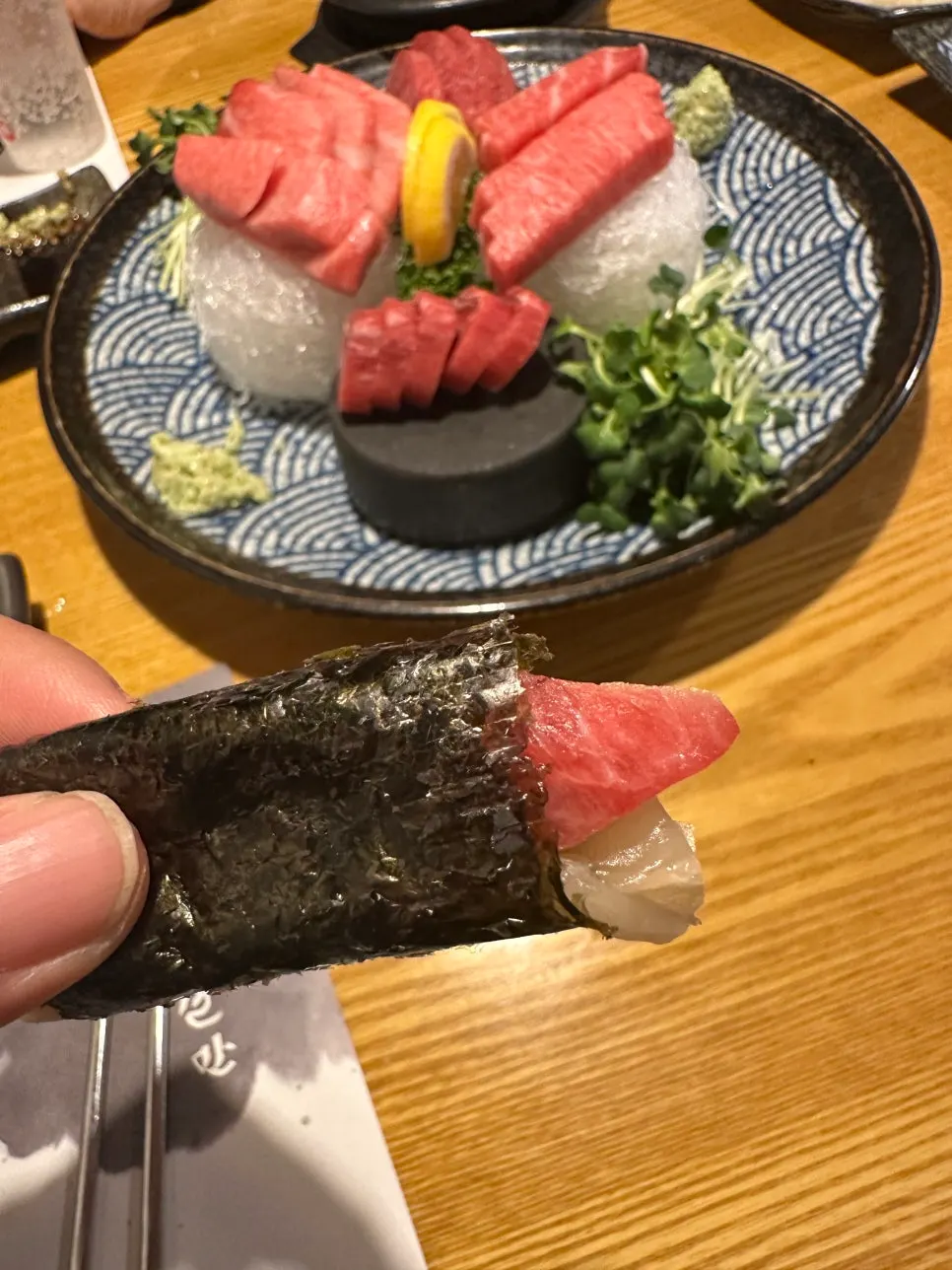 Tuna flesh dipped in soy sauce