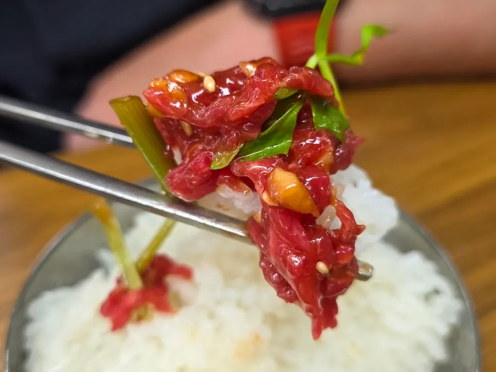 Beef tartare picked up together with water parsley
