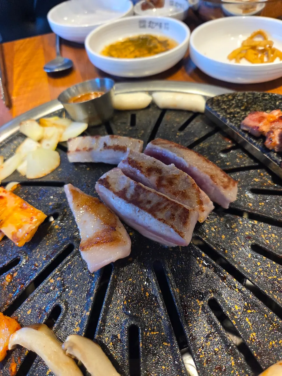 Close-up of the aged pork cooking