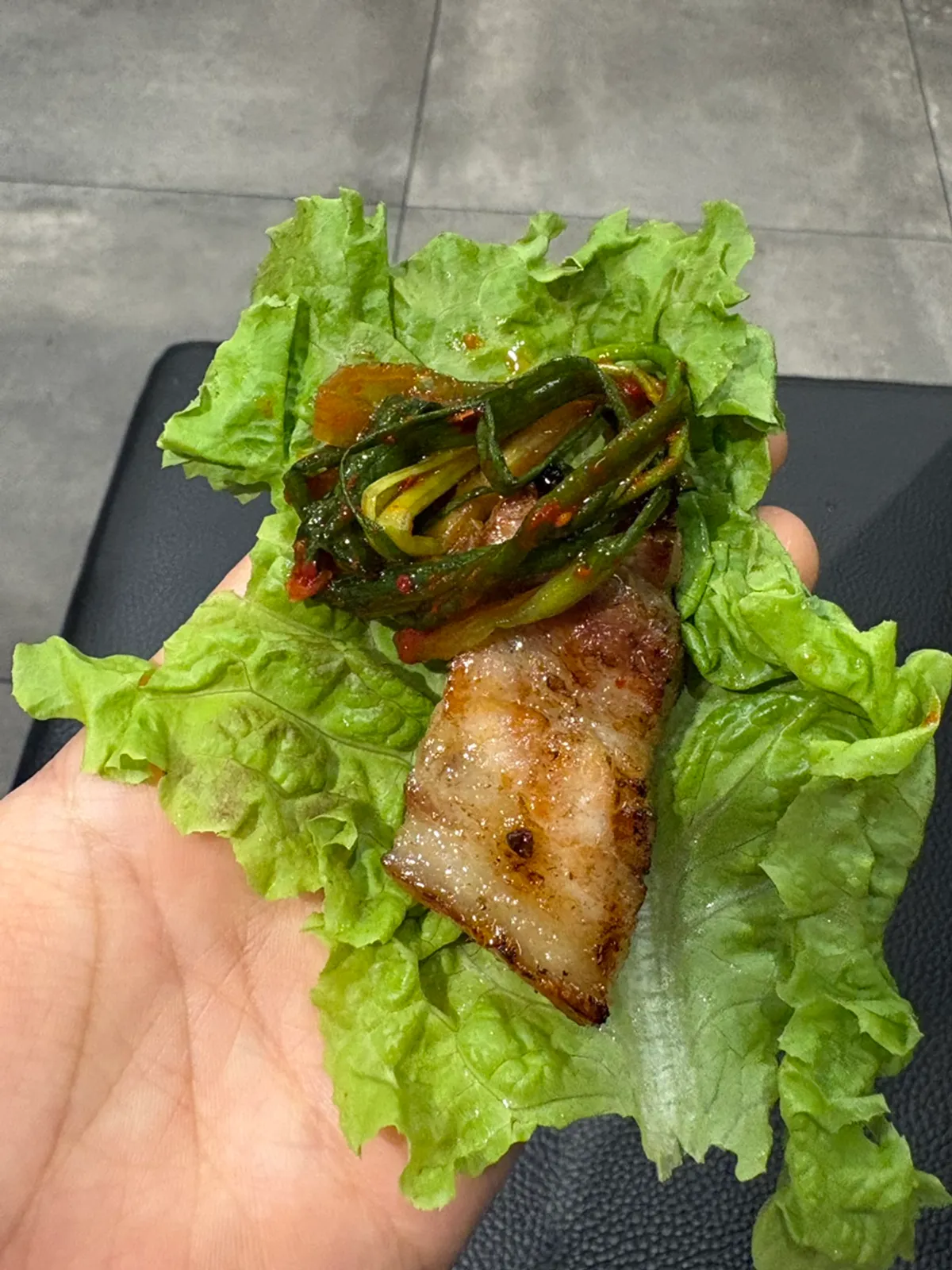 Grilled meat wrapped with green onion kimchi