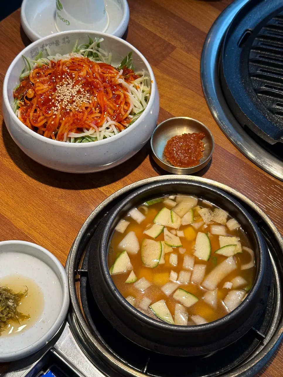 Pajeori (green onion salad) with jjolmyeon noodles mixed in
