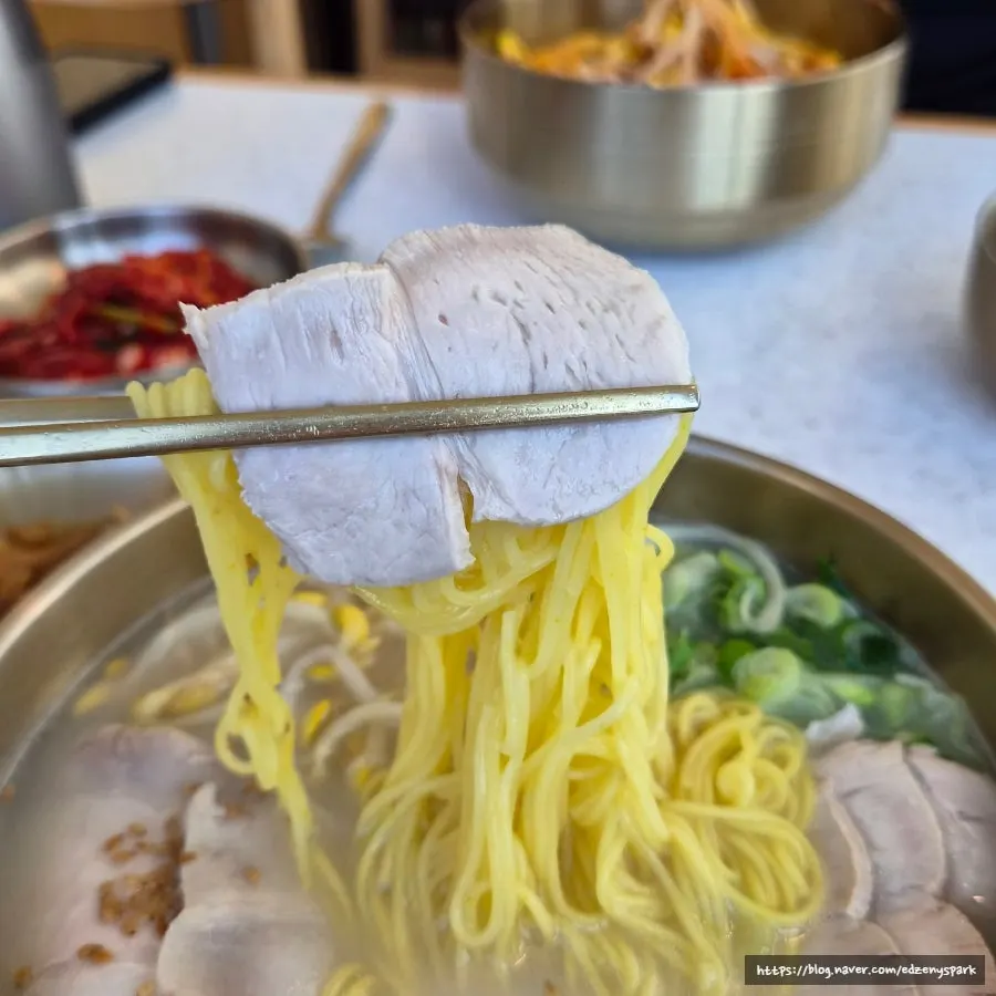 얇게 썰린 고기 고명과 국수