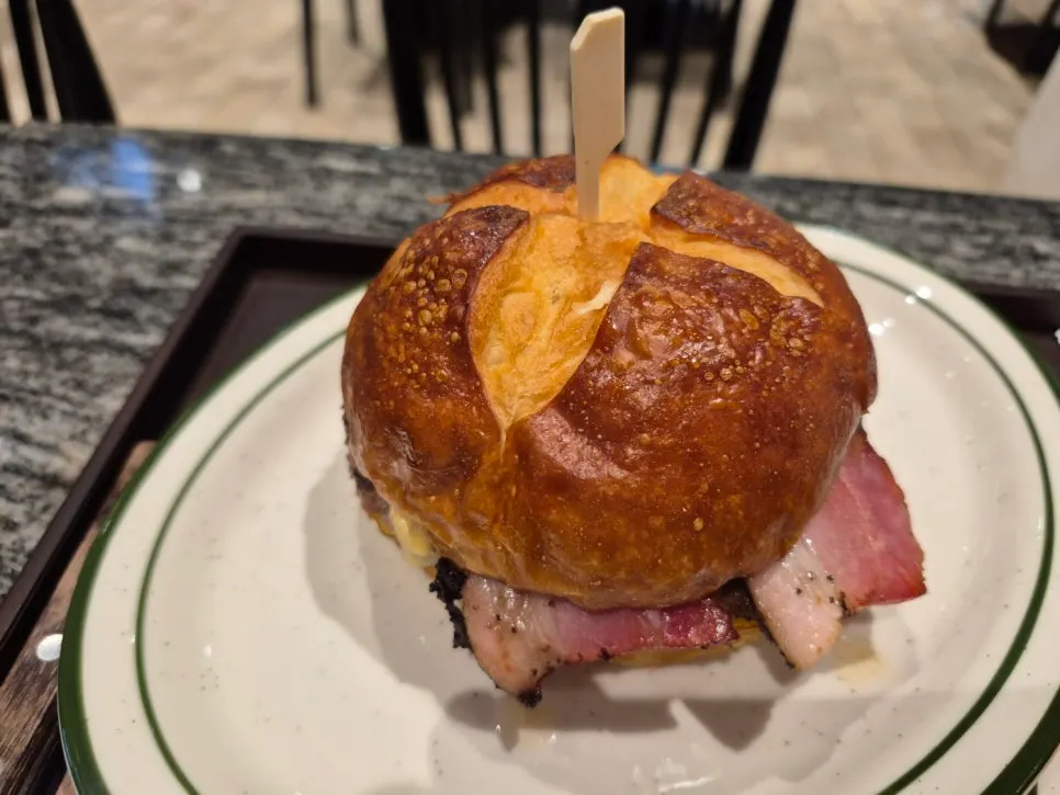 Pretzel-bun bacon cheeseburger
