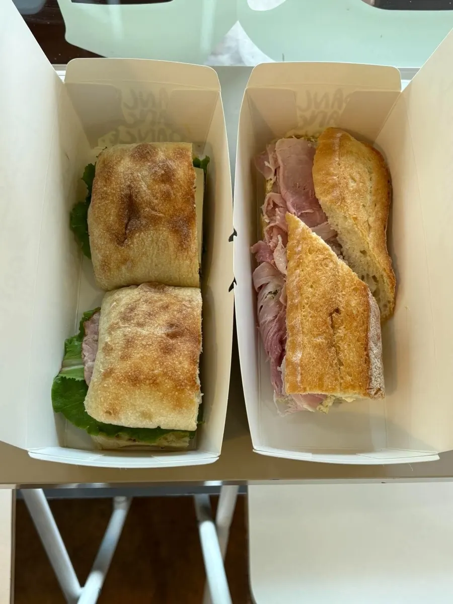 Classic baguette sandwich with handmade ham