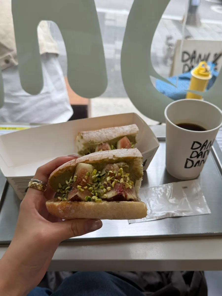 Cross-section of the baguette sandwich with fig and pistachio paste