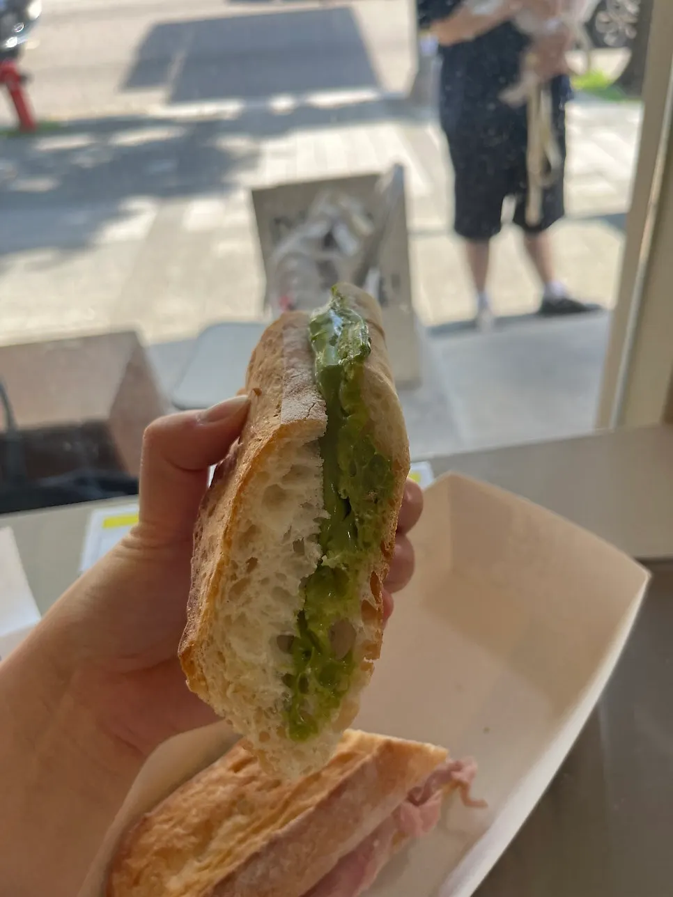 Cross-section of the matcha tofu cream cheese baguette